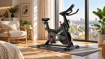 A sleek Wenoker S20 exercise bike with red accents neatly positioned in a bright studio apartment window nook next to a small armchair.