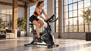 A tall athletic rider pedaling comfortably on the Wenoker S20 red magnetic exercise bike in a spacious modern loft with generous handlebar and knee clearance.