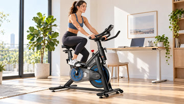 A remote professional taking a 20-minute midday cycling break on the Wenoker S20 exercise bike in a modern home office space.