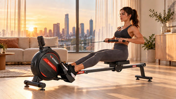 A person rowing quietly on the Wenoker R10 magnetic rowing machine in an upstairs apartment living room during early morning.