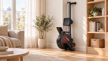 A modern apartment living room showing the Wenoker R10 magnetic rowing machine stored vertically in a corner next to a bookshelf, preserving open floor space.