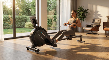 Person practicing smooth closed-chain gliding on an indoor rowing machine in a sunlit living room