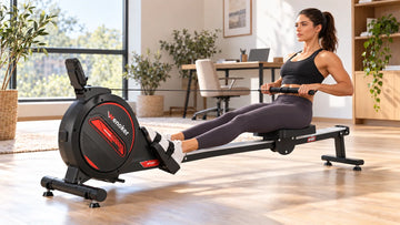 An adult performing a controlled finish phase on the Wenoker R10 magnetic rowing machine with upright posture, open chest, and relaxed shoulders in a home office gym.