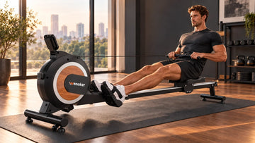 A tall athletic rower measuring 6 foot 3 completing a full leg extension finish stroke on the Wenoker R20 Pro rowing machine with comfortable rear stop clearance.