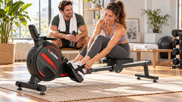 A woman seated on the Wenoker R10 magnetic rowing machine smoothly tightening the footstrap with one hand, while her partner stands nearby resting after a workout.