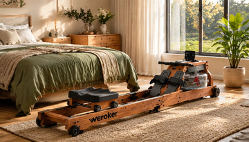 A serene modern condo bedroom featuring an oak bookcase wall and the warm wood Wenoker RW10 water rower resting quietly on a clean runner mat.