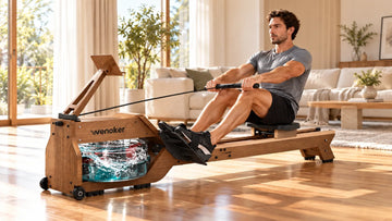 An athlete executing a powerful drive stroke on the Wenoker RW40 solid wood water rowing machine with dynamic water whirlpool visible inside the transparent tank.
