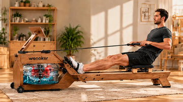 A serene practitioner engaged in mindful indoor rowing on the solid wood Wenoker RW40 water rower in a calm Japandi-style living room.