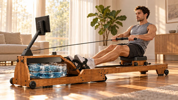 A person rowing calmly on the Wenoker RW10 Pro solid wood water rower in a sunlit living room with morning light shining through sheer blinds.
