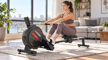 An athlete in neutral posture rowing on the Wenoker R10 magnetic rowing machine while viewing a tablet mounted securely on the central console.