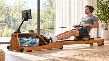 A focused, calm athlete gliding gracefully on the Wenoker RW10 Pro water rowing machine in a serene, sunlit minimalist home gym with wireless headphones.