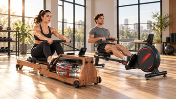 Two rowers working out side-by-side in a modern home gym, one using the Wenoker RW10 water rower and the other using the Wenoker R10 magnetic rower.