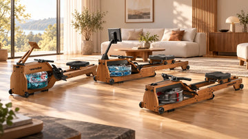 The Wenoker water rower family arranged side by side in a bright, modern living room with natural oak flooring, showing the RW10, RW10 Pro, and RW40.