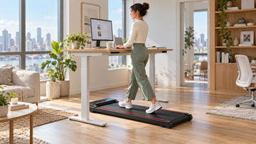 Wenoker T10 walking pad placed under a standing desk on wooden apartment flooring during quiet daytime office work.