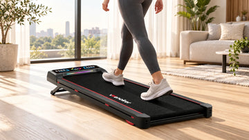 An athlete walking comfortably on the Wenoker T10 walking pad treadmill in a modern bright living room, demonstrating low-impact cardio.