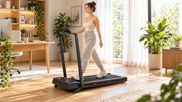 An adult walking at a comfortable gentle pace on the Wenoker T10 Pro walking pad in a modern, sunlit living room.
