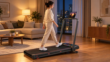 A person comfortably walking on the Wenoker T20 walking pad in an evening living room while watching an episode on a mounted tablet.