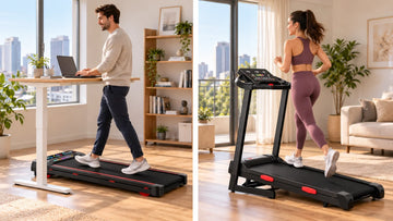 Split lifestyle scene showing an active remote worker walking on a Wenoker T10 walking pad under a standing desk on the left, and a runner training on a Wenoker folding treadmill on the right.