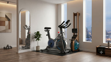 A beautiful, space-optimized modern apartment corner featuring a Wenoker JC302 magnetic bike and an upright-stored water rower resting cleanly on a protective PVC mat