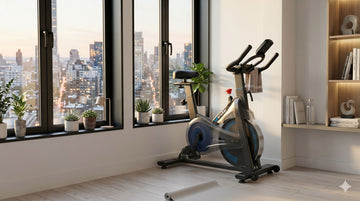 A compact Wenoker JC302 magnetic exercise bike neatly positioned in the tight corner of a modern, minimalist studio apartment next to a window