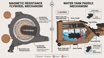 A comparative schematic diagram illustrating the internal magnetic flywheel array and a fluid water rower paddle tank mechanism