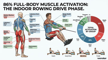 A comprehensive muscle group diagram highlighting the 86% of full-body muscles activated during the drive phase of an indoor rowing stroke