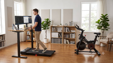 A professional remote worker using a standing desk setup with a compact Wenoker magnetic bike parked cleanly underneath the frame