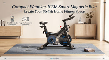 A promotional discount showcase banner featuring a compact Wenoker JC318 smart magnetic bike resting on a sleek home gym layout mat