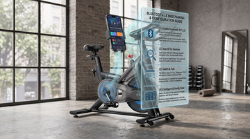 A step-by-step technical infographic screen layout illustrating how to discover, pair, and configure a smart indoor cycle to a virtual training application via Bluetooth LE settings