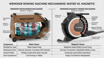 A direct head-to-head comparison chart illustrating the mechanical differences, frame weights, and noise ratings of Wenoker water, magnetic, and dual rowers