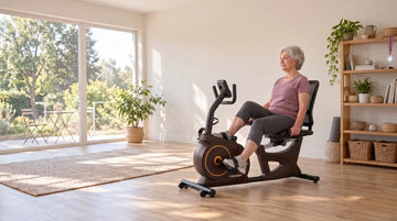 elder adult using a recumbent exercise bike at a gentle pace in a bright home workout room.