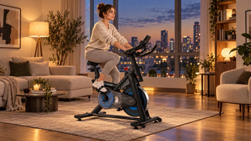 A remote worker enjoying a gentle 15-minute evening unwind ride on the Wenoker S20 stationary bike to relieve leg stiffness.