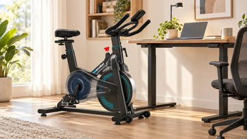 A quiet home exercise bike placed next to a desk for a quick fat burning bike workout during a busy work day.