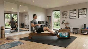 Person performing a rowing machine workout on a Wenoker RW211 water rowing machine in a home gym